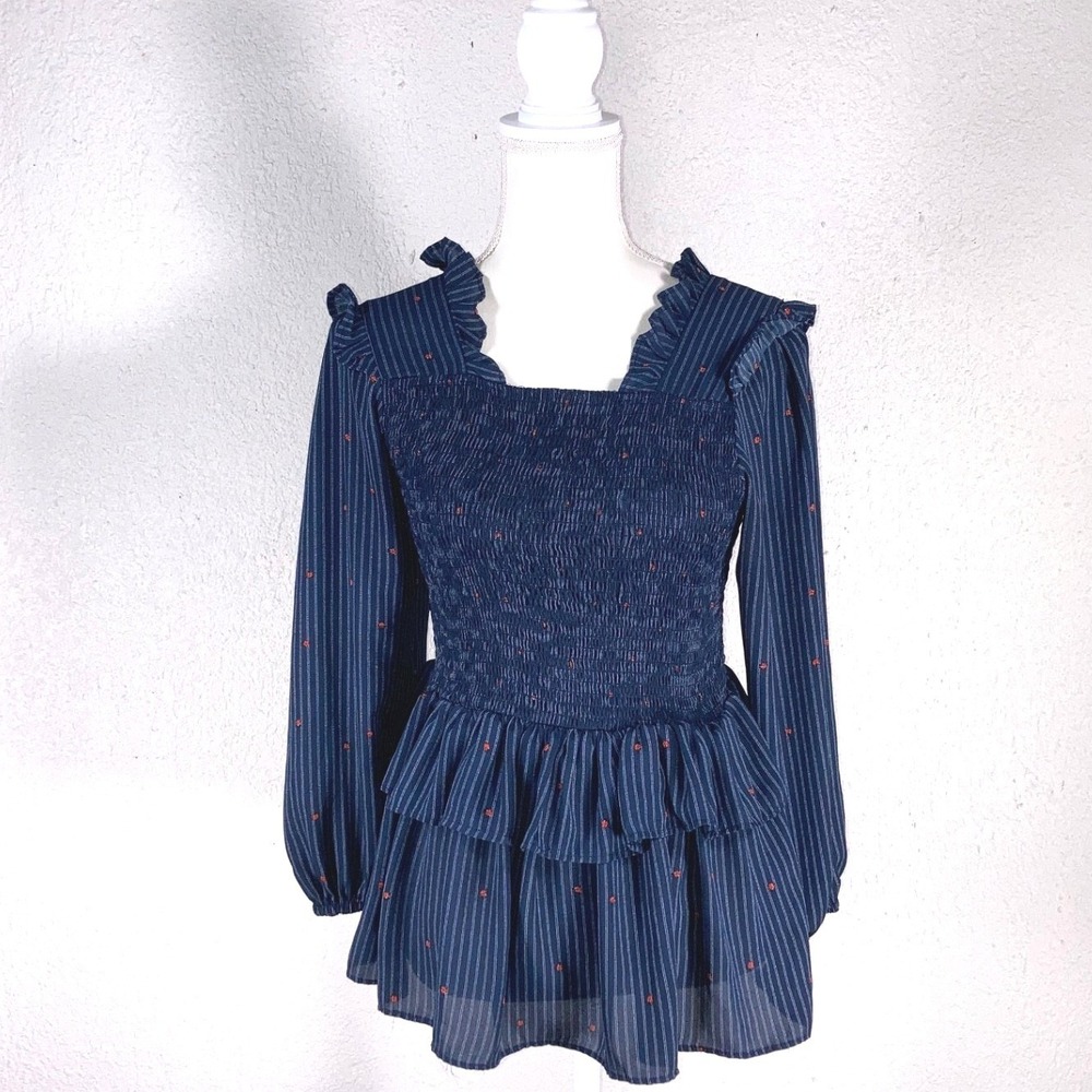 Naba Nandita Navy Blue Pinstripe Smocked Peplum Blouse Ruffle Square Neck Large